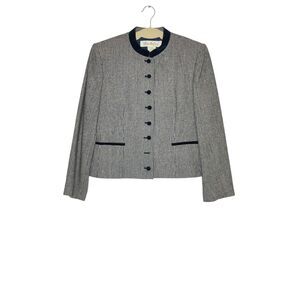 Vintage 80s 90s Navy White MicroHoundstooth Cropped Blazer Velvet Collar Size 12